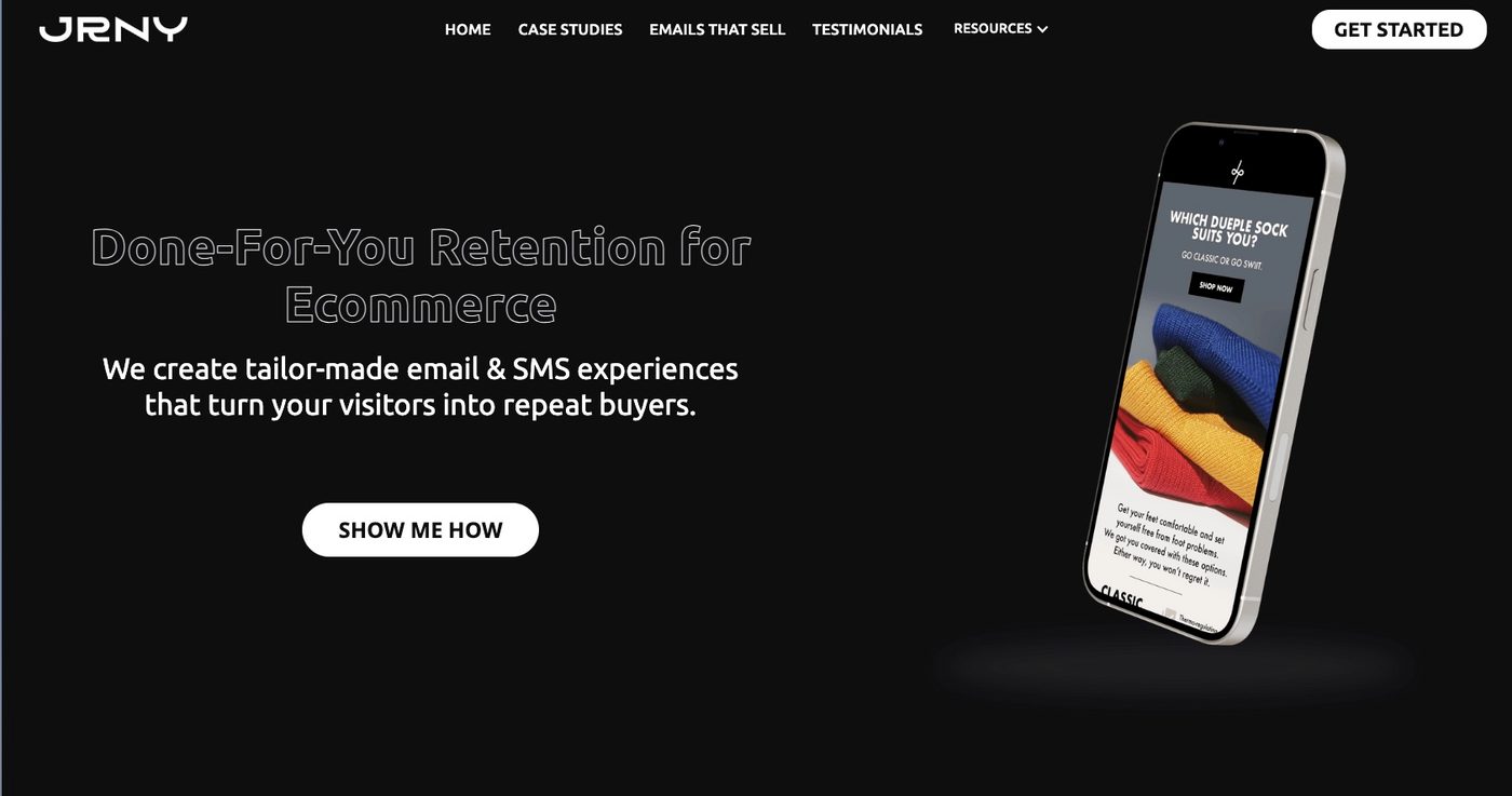 Screenshot of the Jrnyagency.co homepage showcasing its email marketing agency services and ecommerce-focused branding layout