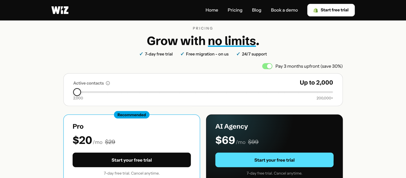 Screenshot of the Wiz pricing page: Pro and AI Agency plans, starting at $20 per month.