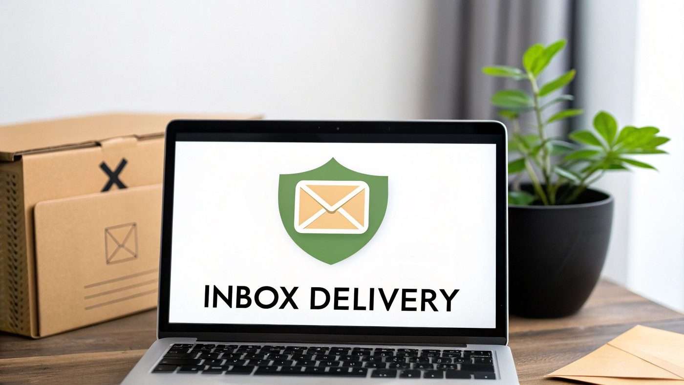 Laptop screen showing 'INBOX DELIVERY' and an email icon in a shield, beside a cardboard box.