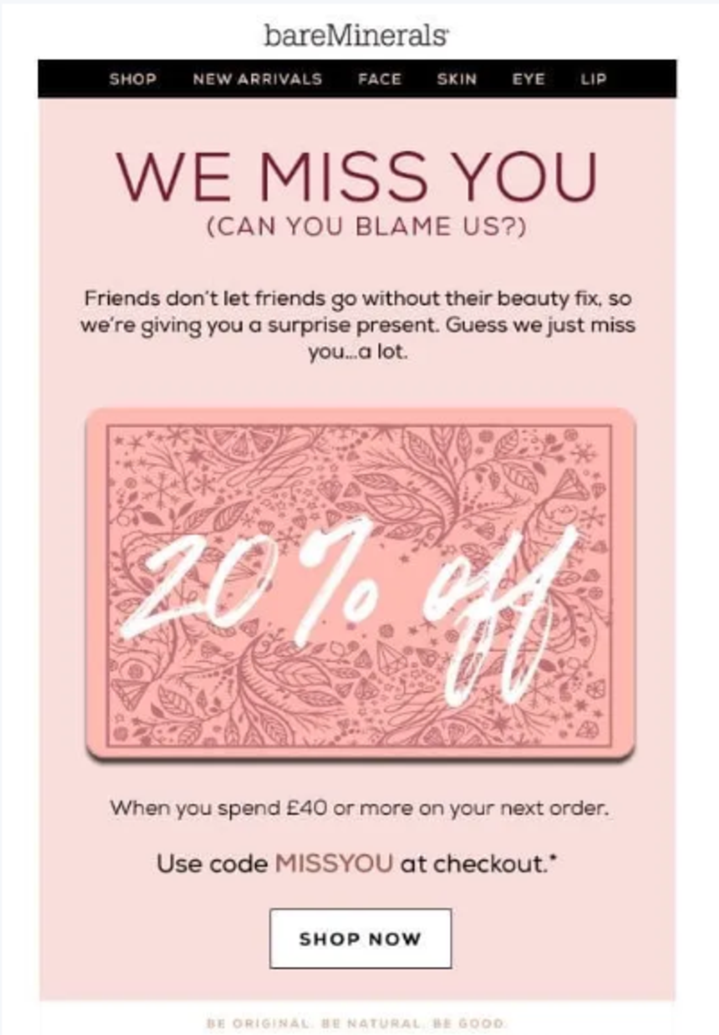 Screenshot of a winback email with the âwe miss youâ discount offer.