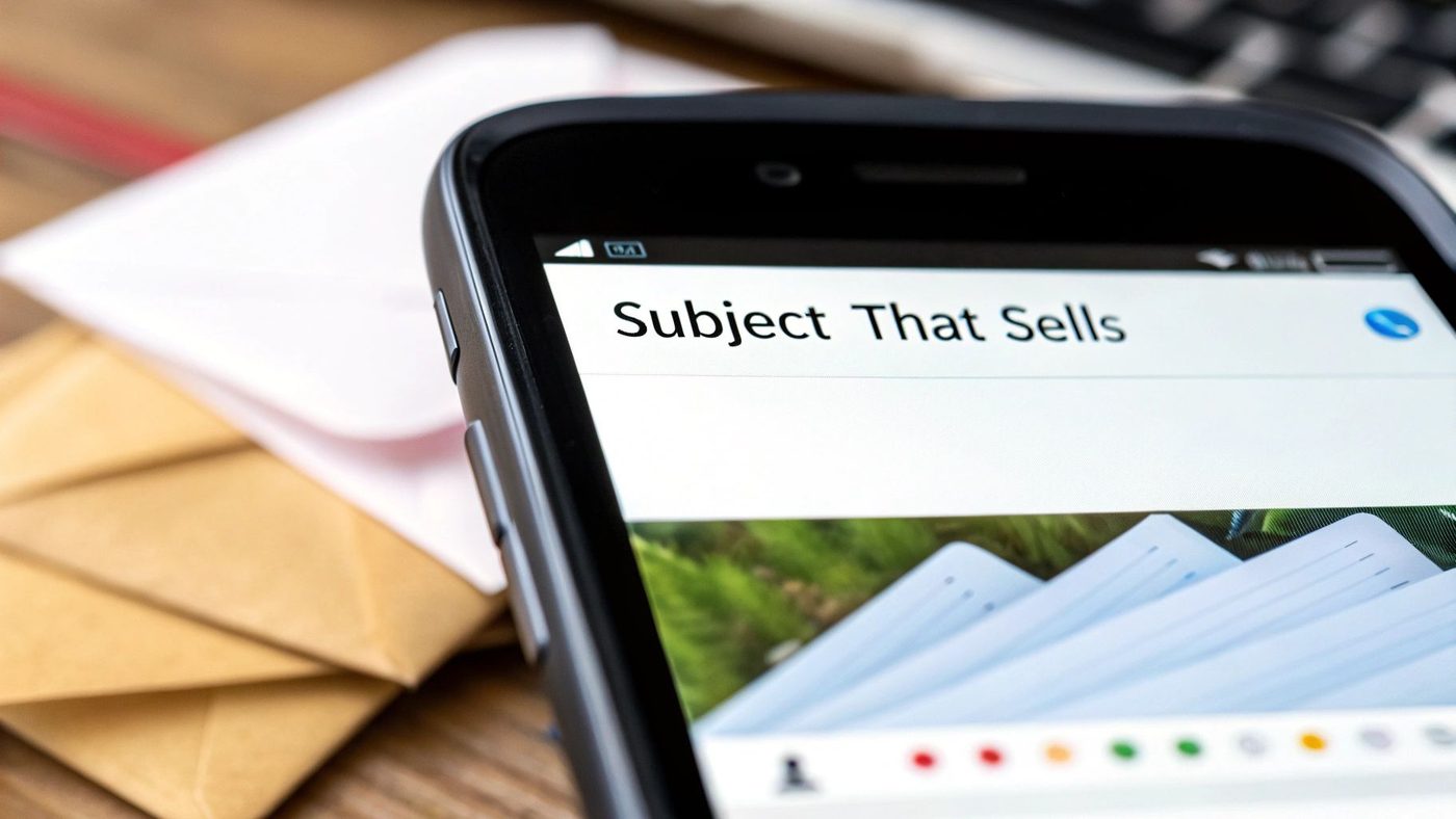 Close-up of a smartphone screen displaying 'Subject That Sells', with envelopes and a keyboard in the background.
