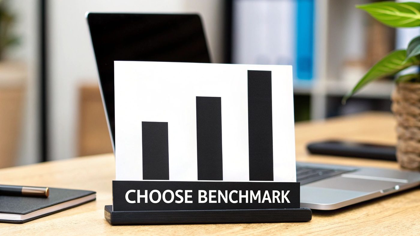 A 'CHOOSE BENCHMARK' sign featuring an increasing bar chart on a wooden office desk next to a laptop.