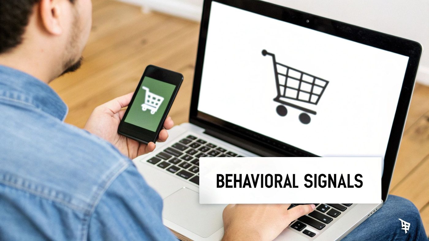 A person uses a smartphone and laptop, both displaying shopping carts, representing online shopping.