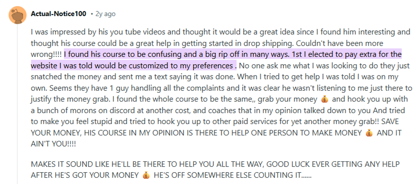 Screenshot of a review of Jordan Welch’s course.
