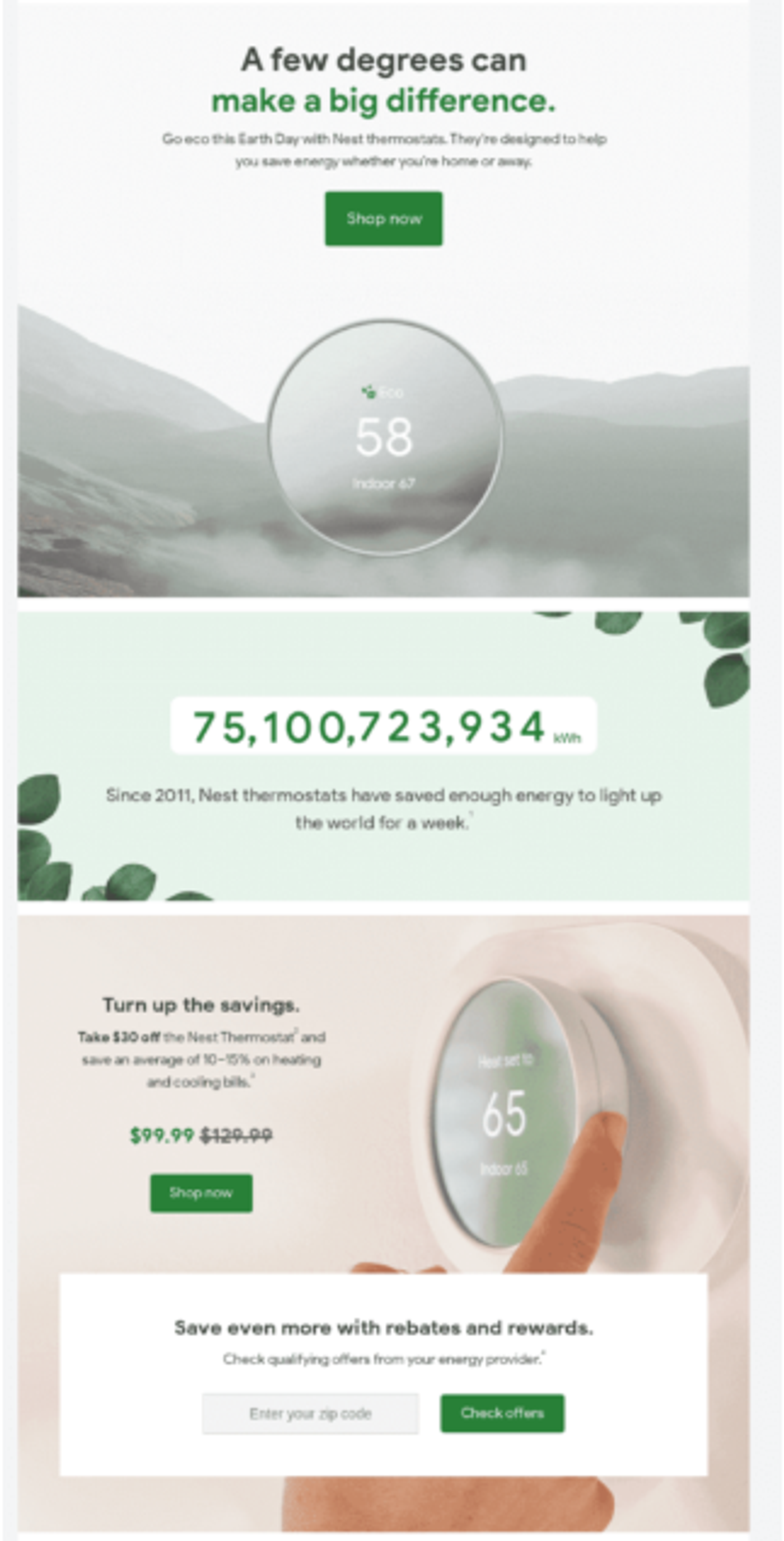 Screenshot of an Earth Day email that features an eco-friendly product.
