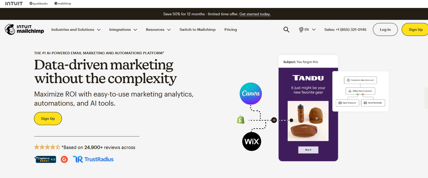 Screenshot of Mailchimpâs homepage highlighting its email marketing tools, automation features, and marketing platform overview for businesses.