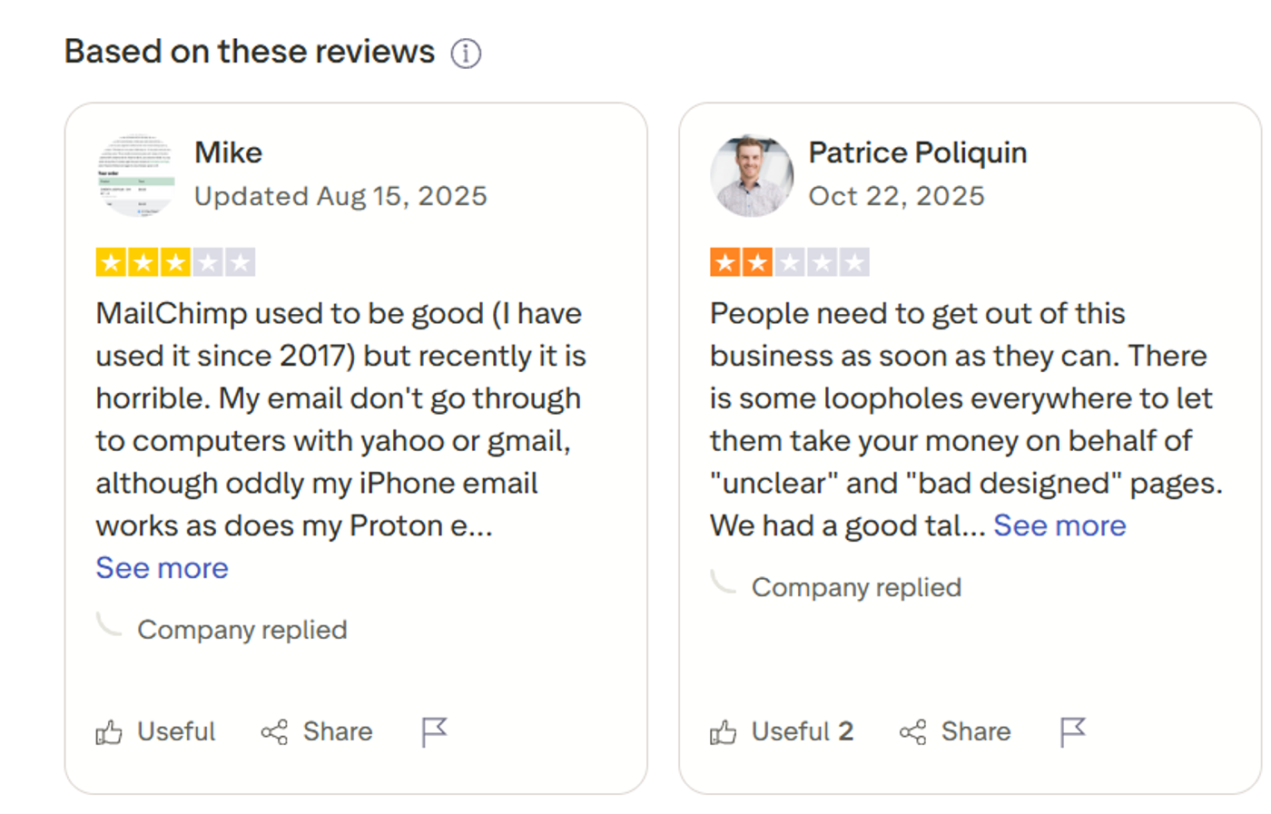 Screenshot of Mailchimp reviews on Trustpilot showing mixed feedback about billing concerns, support quality, and occasional technical issues.