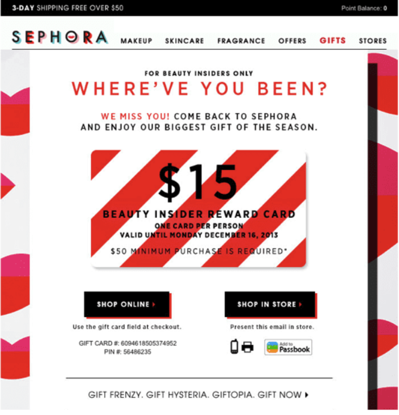 Screenshot of a winback email with promotion of an upcoming reward card.