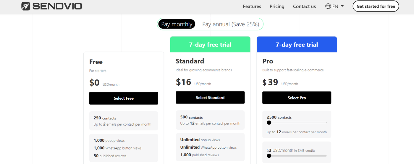 Screenshot of Sendvio’s pricing structure.