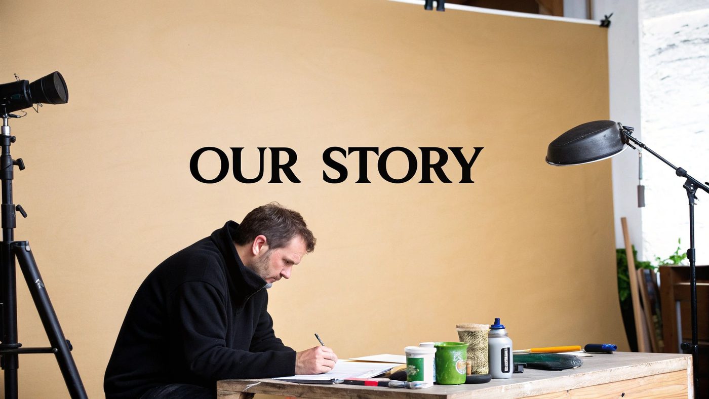 A man diligently writes at a wooden desk with studio lights and "OUR STORY" on the backdrop.