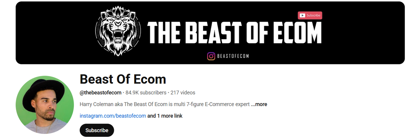 Screenshot of The Beast of Ecomâs YouTube profile.