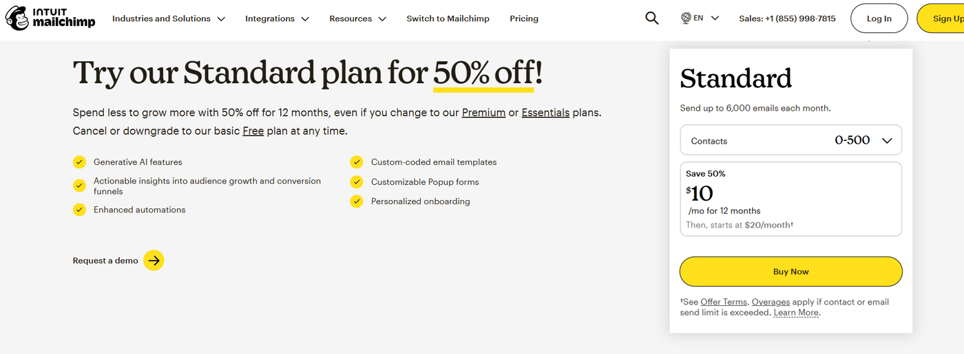 Screenshot of Mailchimp pricing page highlighting the Standard plan features and cost.