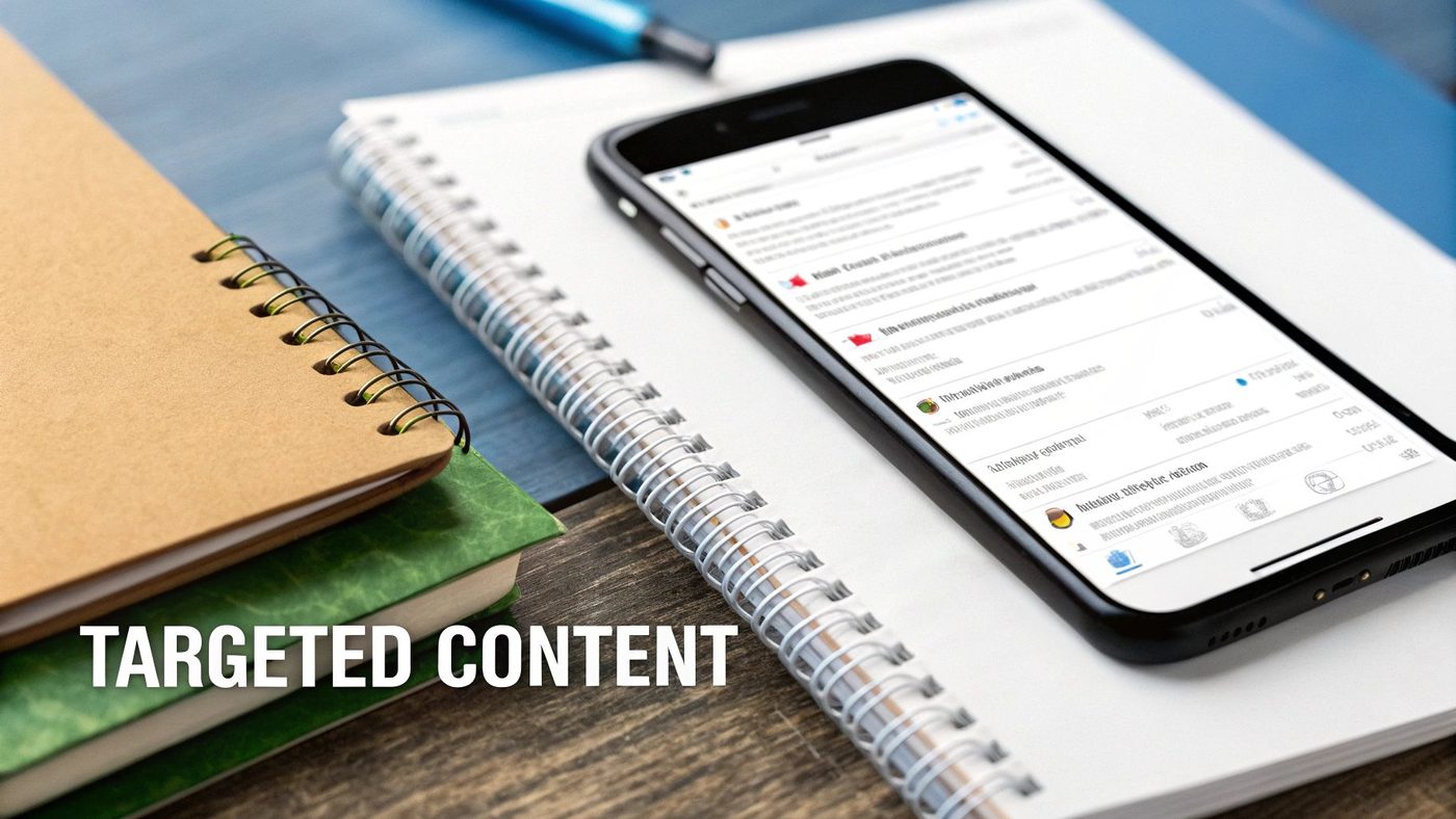 A smartphone displaying targeted digital content and emails alongside notebooks and a pen on a desk.