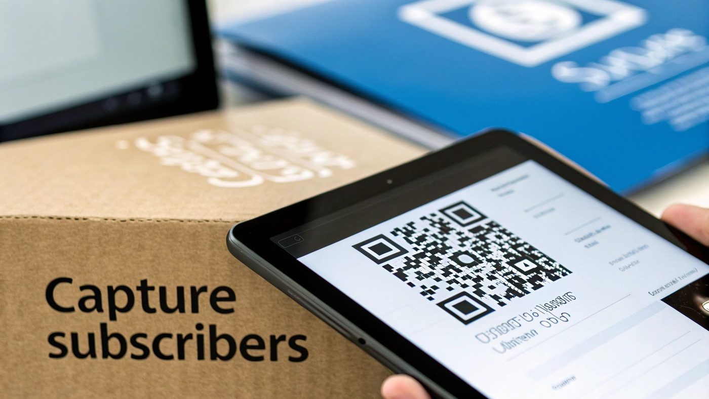 A hand holds a tablet displaying a QR code. A cardboard box reads 'Capture subscribers'.