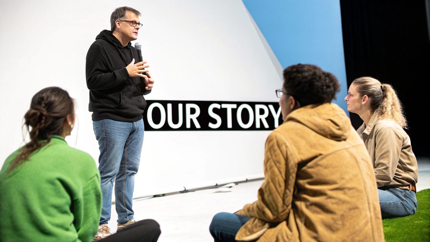 A speaker in a black hoodie addresses an audience sitting on the floor, with 'OUR STORY' displayed.