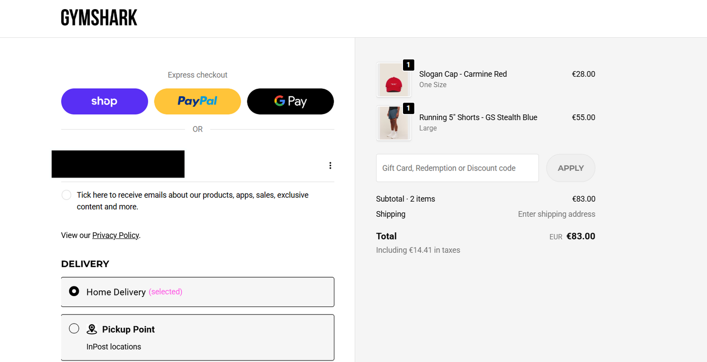 Screenshot of Shopify store checkout page showing customer information and payment fields.