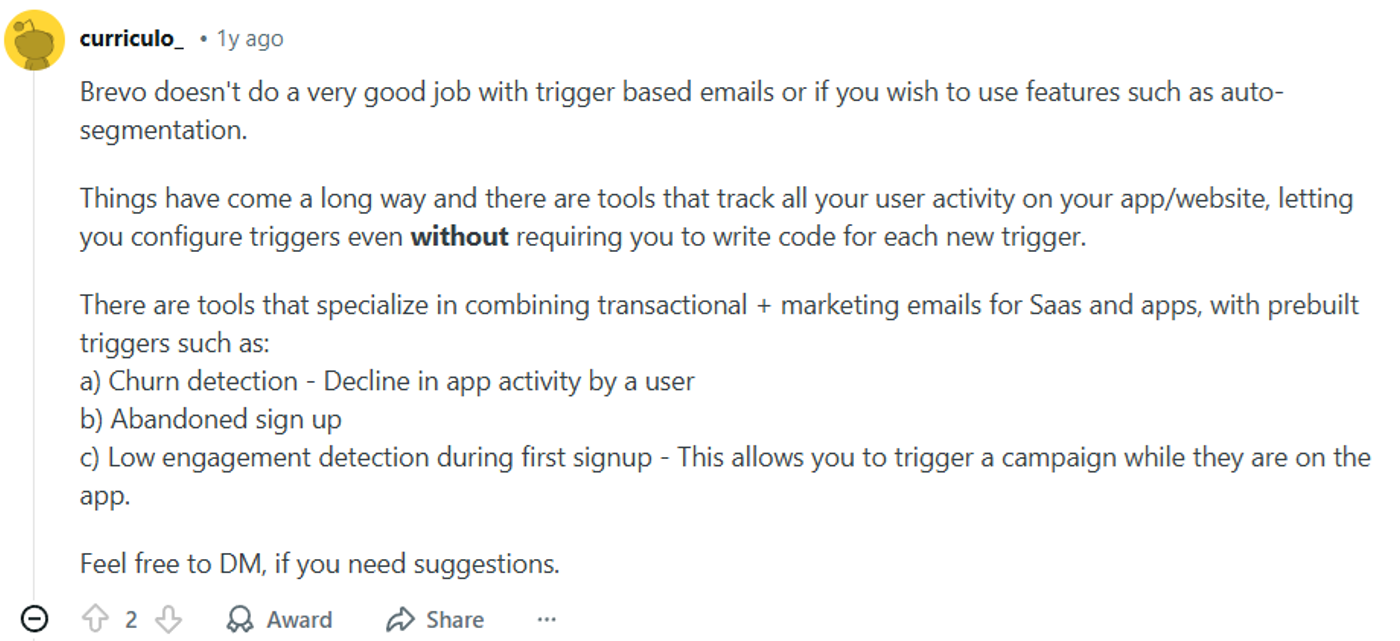 Screenshot of a Reddit thread discussing Brevo experiences, including comments about trigger-based emails, segmentation limitations, and comparisons to more advanced marketing tools.