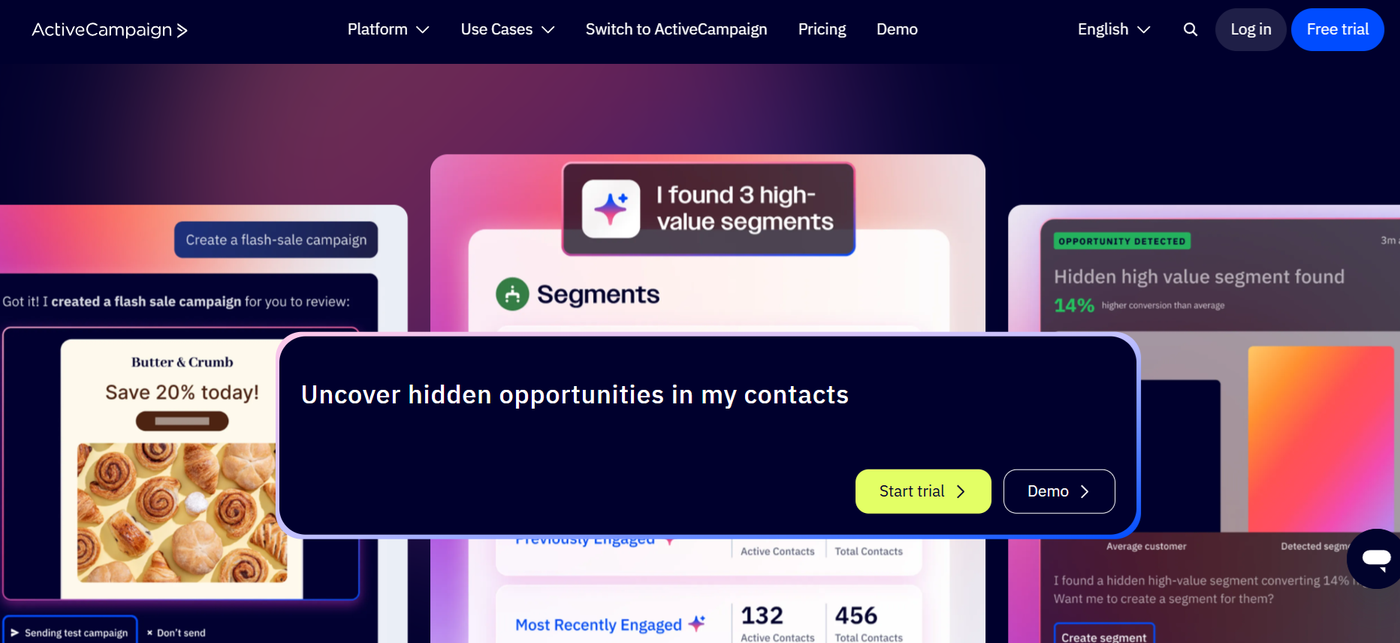 Screenshot of ActiveCampaignâs homepage featuring its email marketing automation platform, CRM integration, and customer experience workflows.