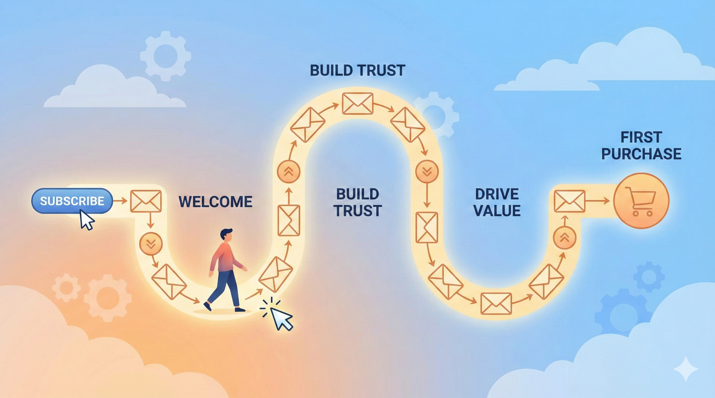 Infographic illustrating the email marketing welcome series journey from subscription to first purchase, building trust and value along the way.