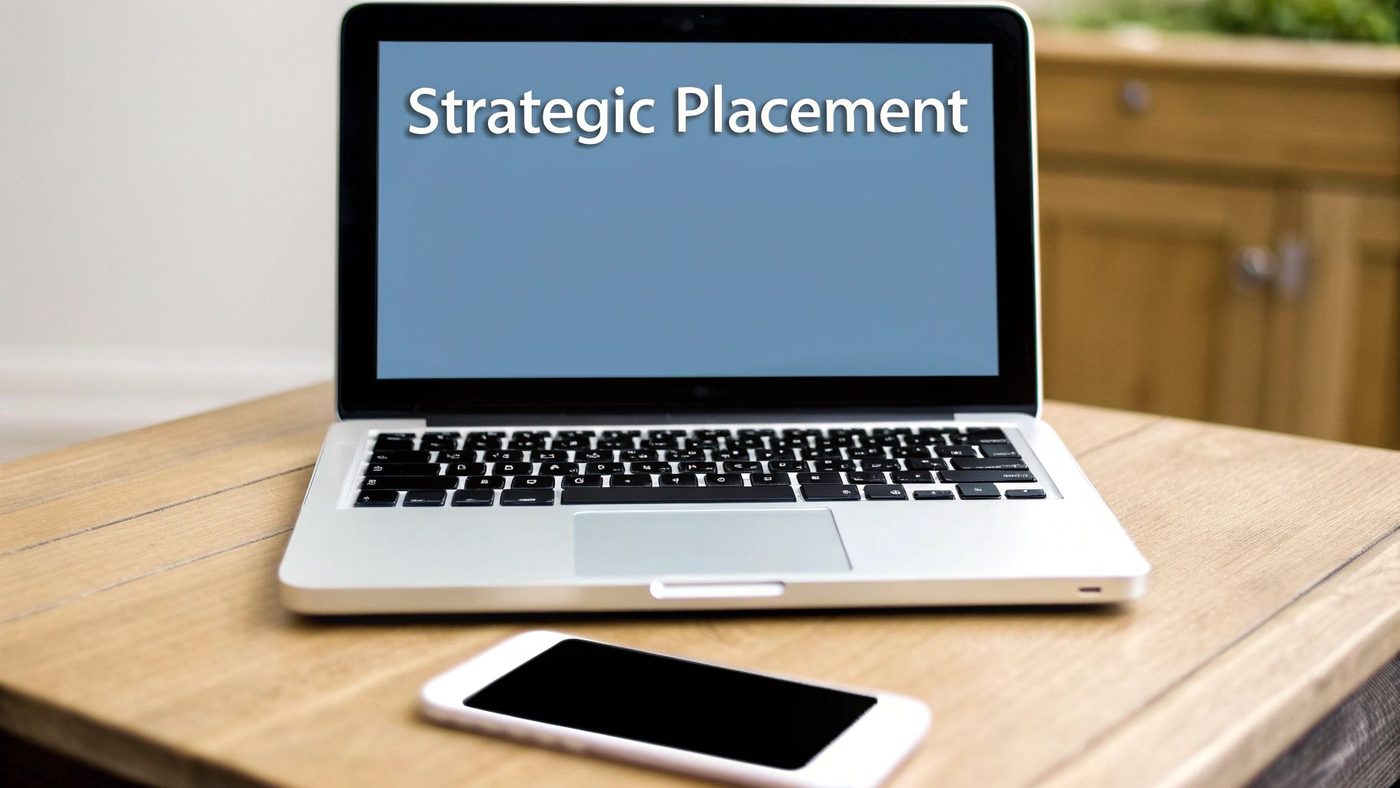 A laptop displaying "Strategic Placement" on its screen next to a smartphone on a wooden table.