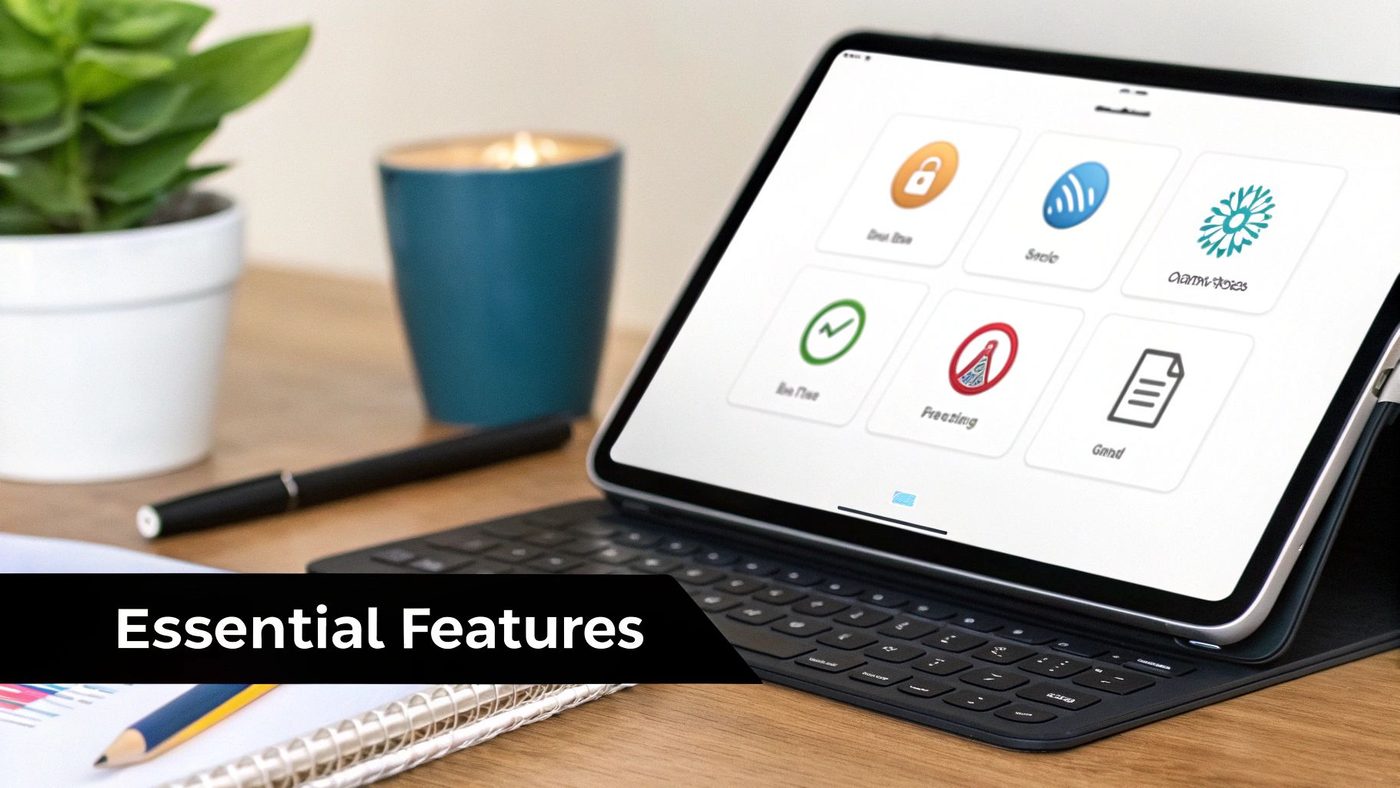 A tablet on a keyboard case displays app icons for essential features on a wooden desk.