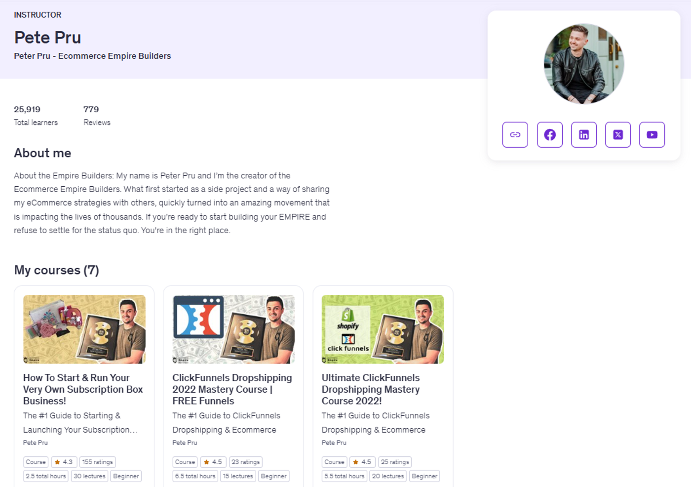 Screenshot of Peter Pruâs Udemy profile.