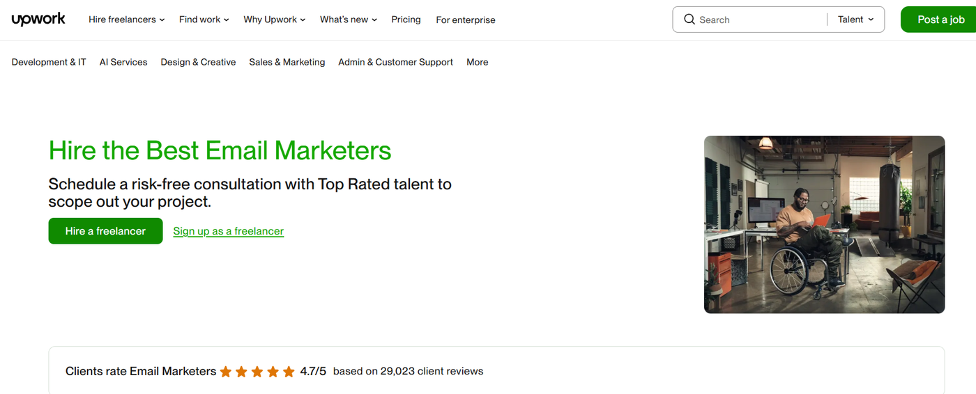 Screenshot of Upwork’s search results page showing listings for email marketing freelancers with hourly rates, ratings, and client reviews.