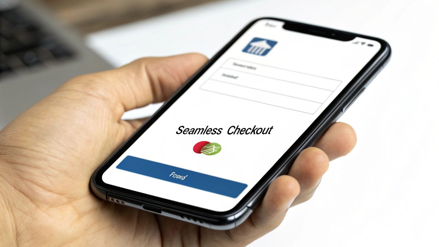 A hand holds a smartphone displaying a 'Seamless Checkout' app with login fields and a distinct logo.