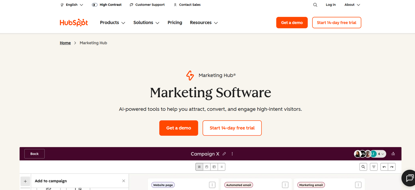 HubSpot's homepage showcasing CRM and automation tools.