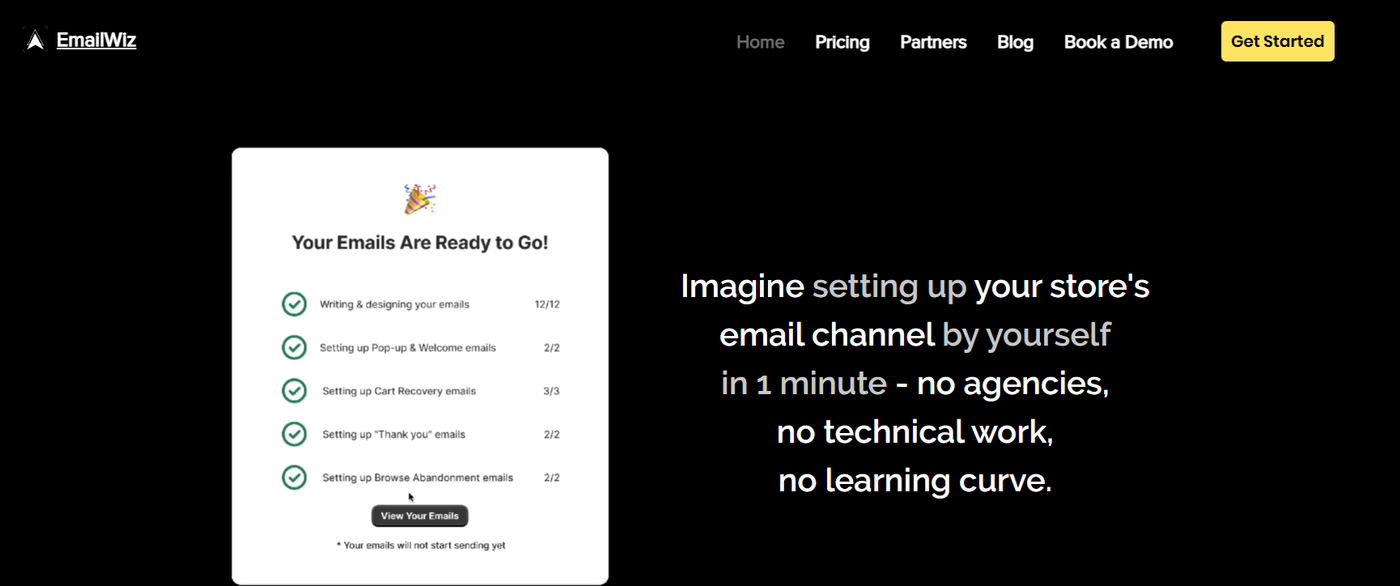 Screenshot of Wiz’s homepage highlighting one-minute email marketing setup for Shopify stores.