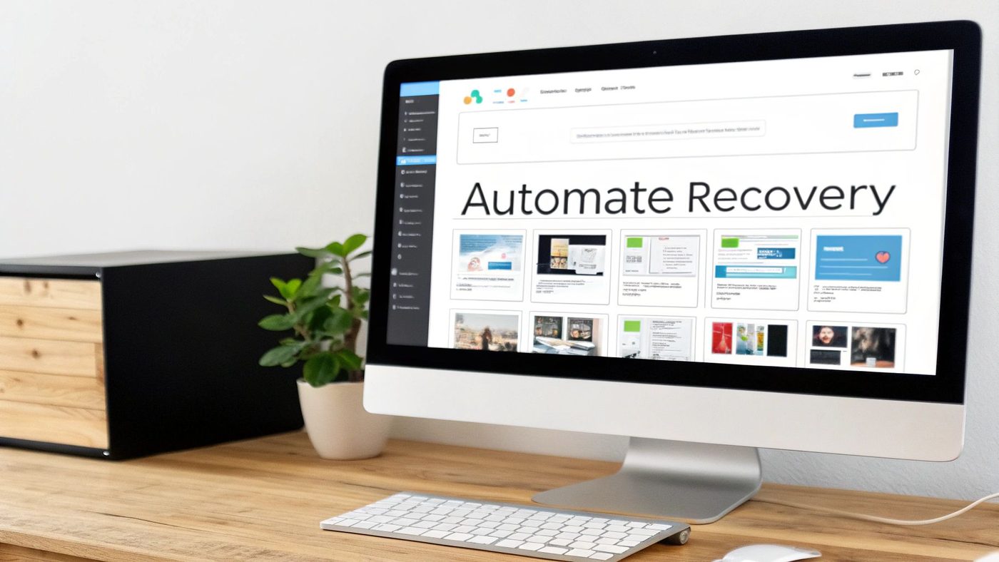 A modern desktop computer displaying 'Automate Recovery' on a wooden desk, with keyboard, mouse, and plant.