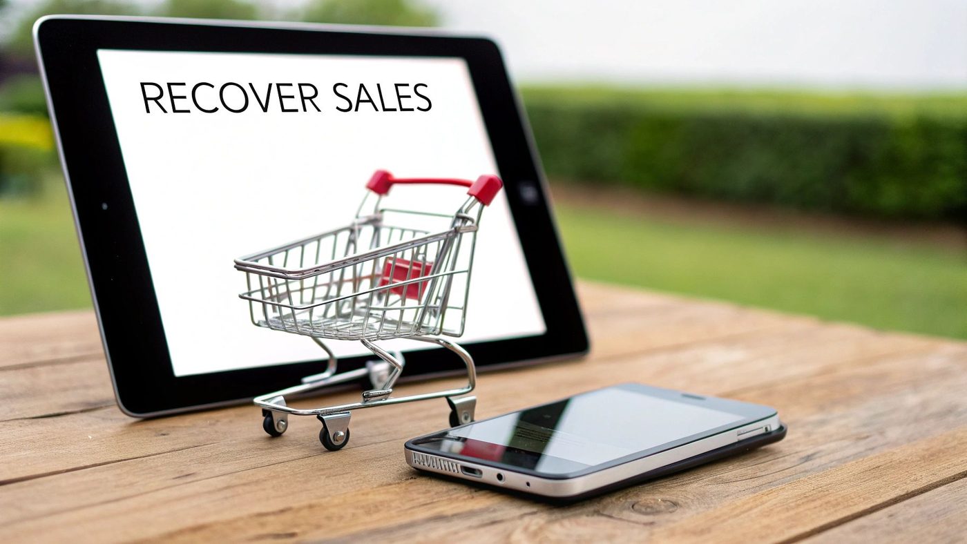 Tablet displaying 'RECOVER SALES' with a miniature shopping cart and smartphone on a wooden table.
