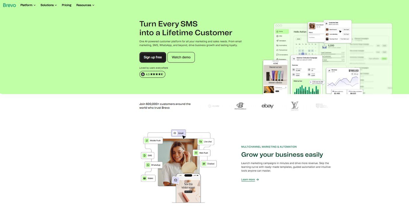Screenshot of Brevo’s homepage displaying its email, SMS, and CRM marketing platform features with a clean dashboard preview.