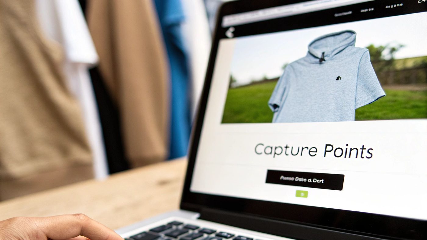 Close-up of a laptop screen displaying a light blue hoodie on an e-commerce website.