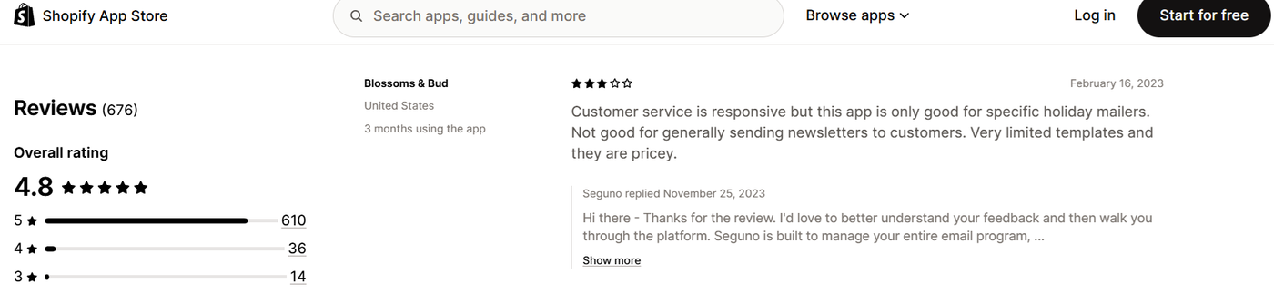 Screenshot of a Shopify App Store review stating Seguno is suitable for holiday mailers but limited for regular newsletters with pricey templates.