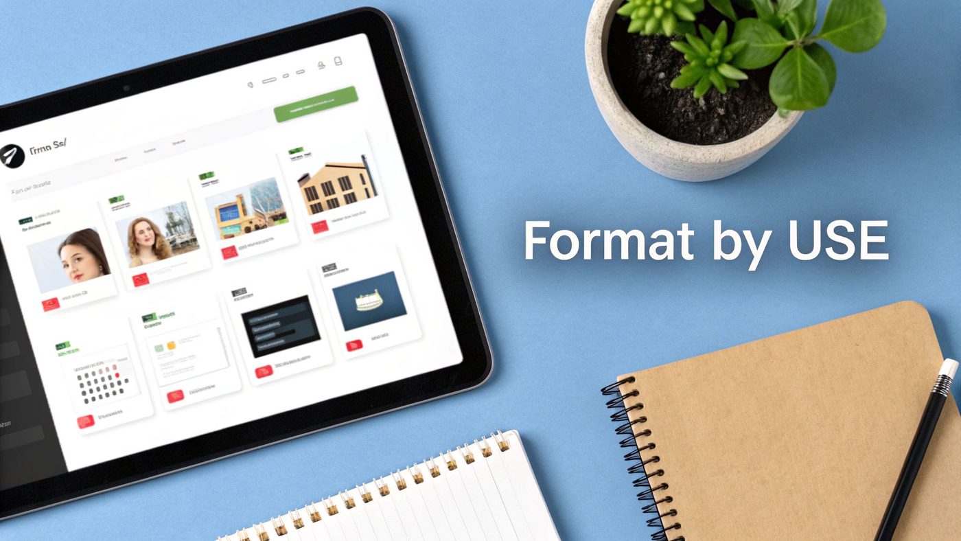 Flat lay of a blue desk with a tablet displaying a website, notebooks, pencil, and potted plant.