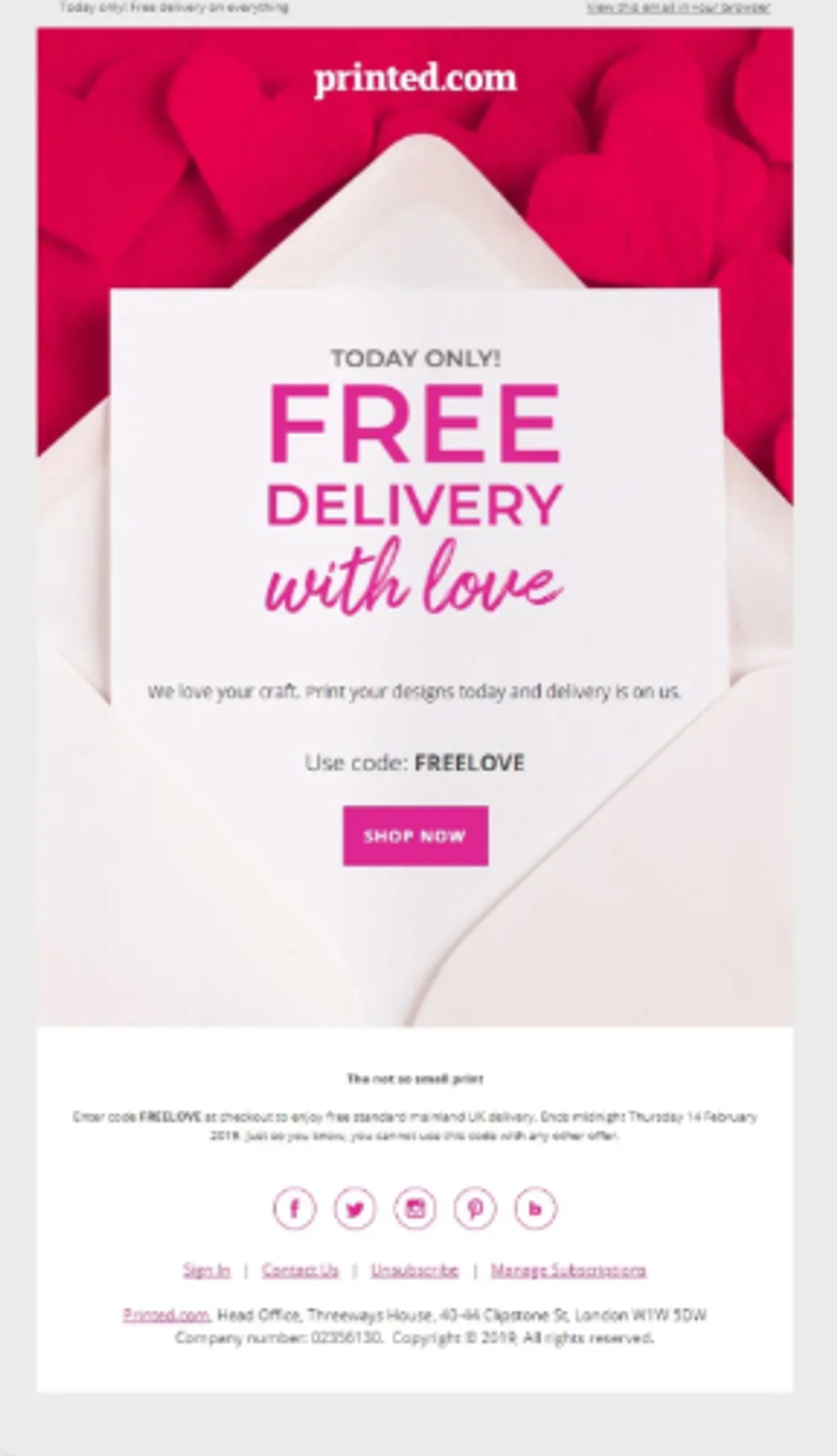 Screenshot of a Valentine’s Day free shipping email.