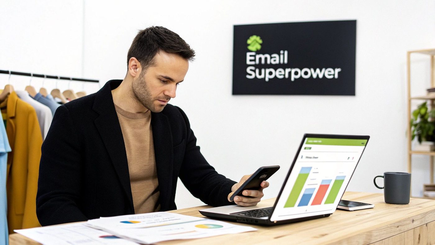 Man reviewing email data on his phone and laptop at a desk, with an 'Email Superpower' sign.
