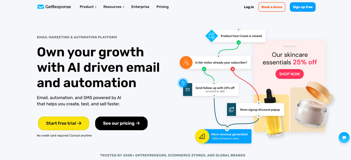 GetResponse's homepage highlighting automation, email campaigns, and funnels