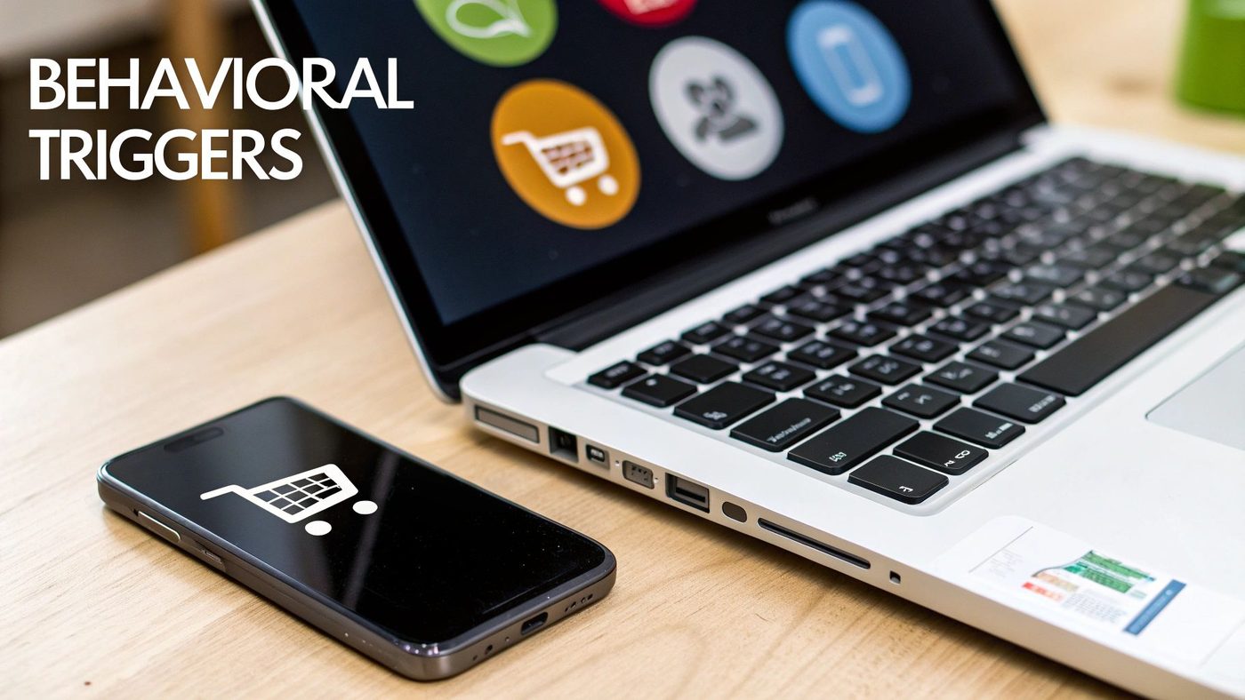A laptop and smartphone on a wooden desk, both displaying shopping cart icons, with 'BEHAVIORAL TRIGGERS' text.