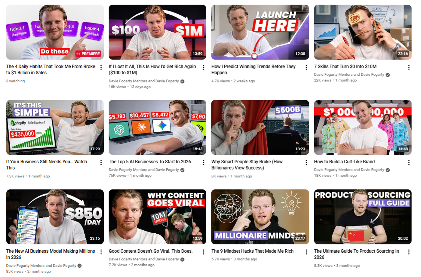 Screenshot of Davie Fogarty’s YouTube videos.