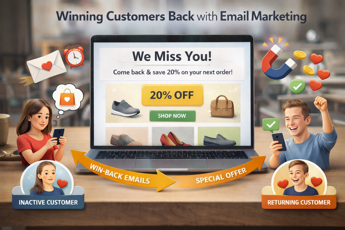 Laptop displaying a âWe Miss Youâ winback email with a discount offer, shown alongside two customers reacting on their phones to illustrate reactivating inactive shoppers.