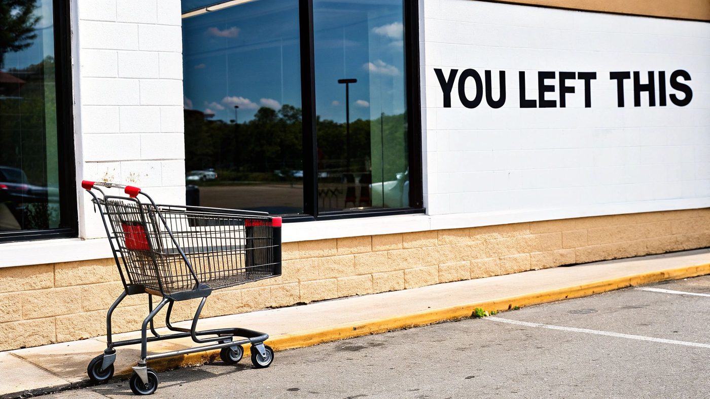 A solitary shopping cart stands abandoned in a parking lot beside a building displaying "YOU LEFT THIS."