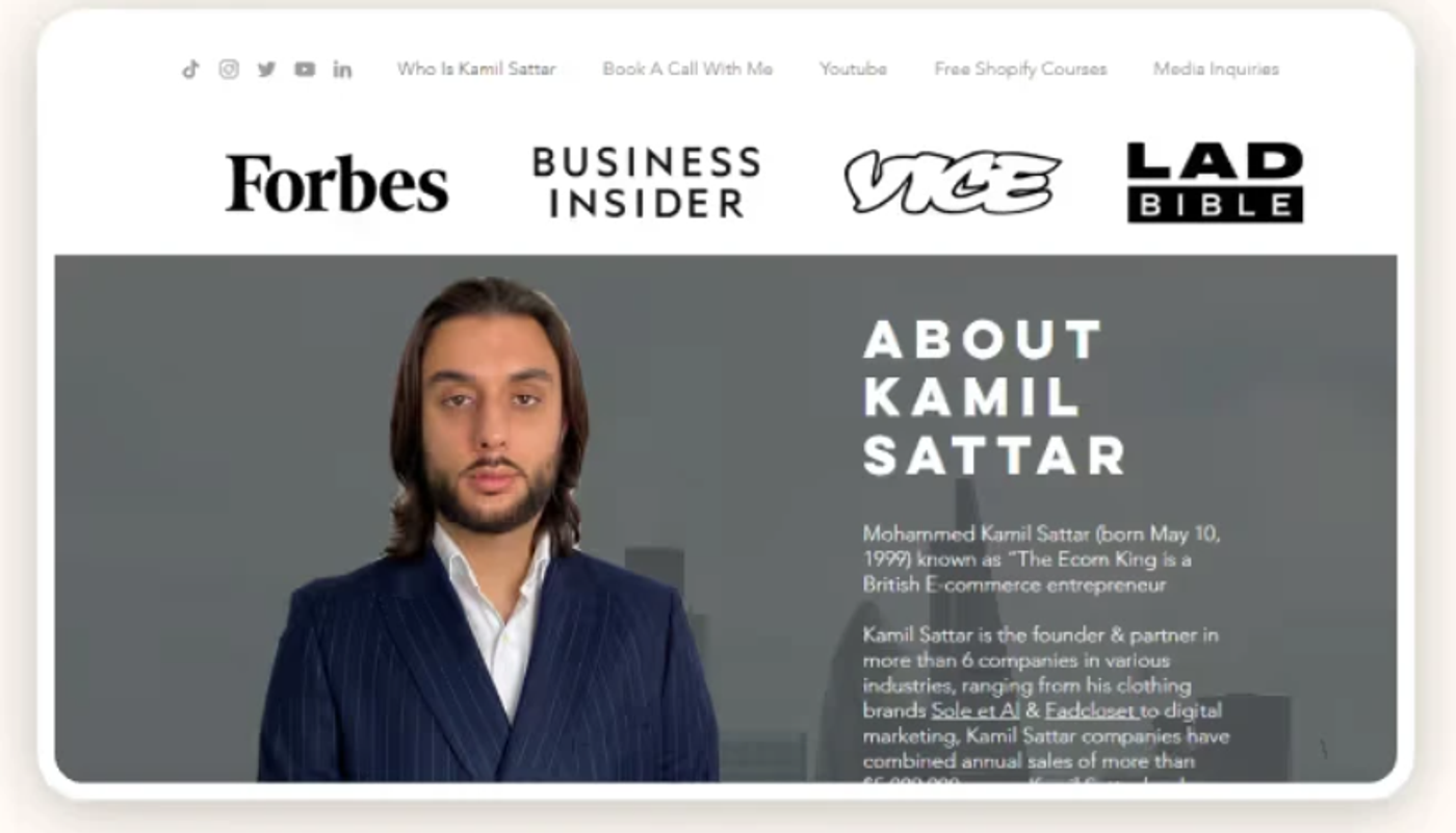 Screenshot of an ‘About’ page for Kamil Sattar