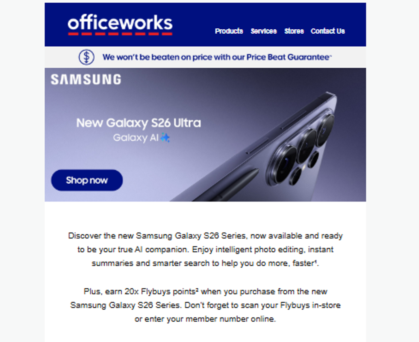 Screenshot of an email announcing the launch of a new Samsung product.