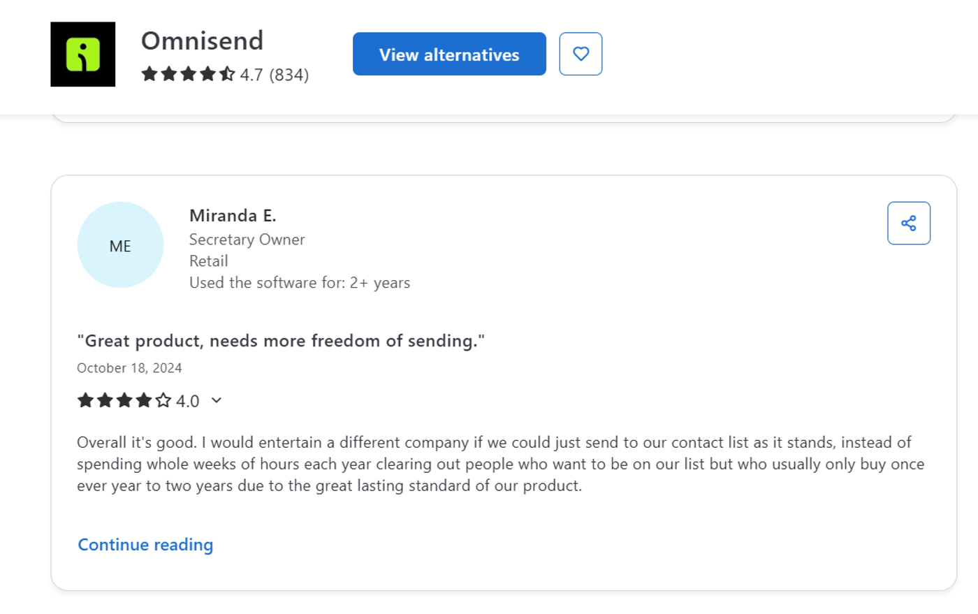 Screenshot of Omnisend reviews on Capterra displaying overall ratings and user feedback on automation features.