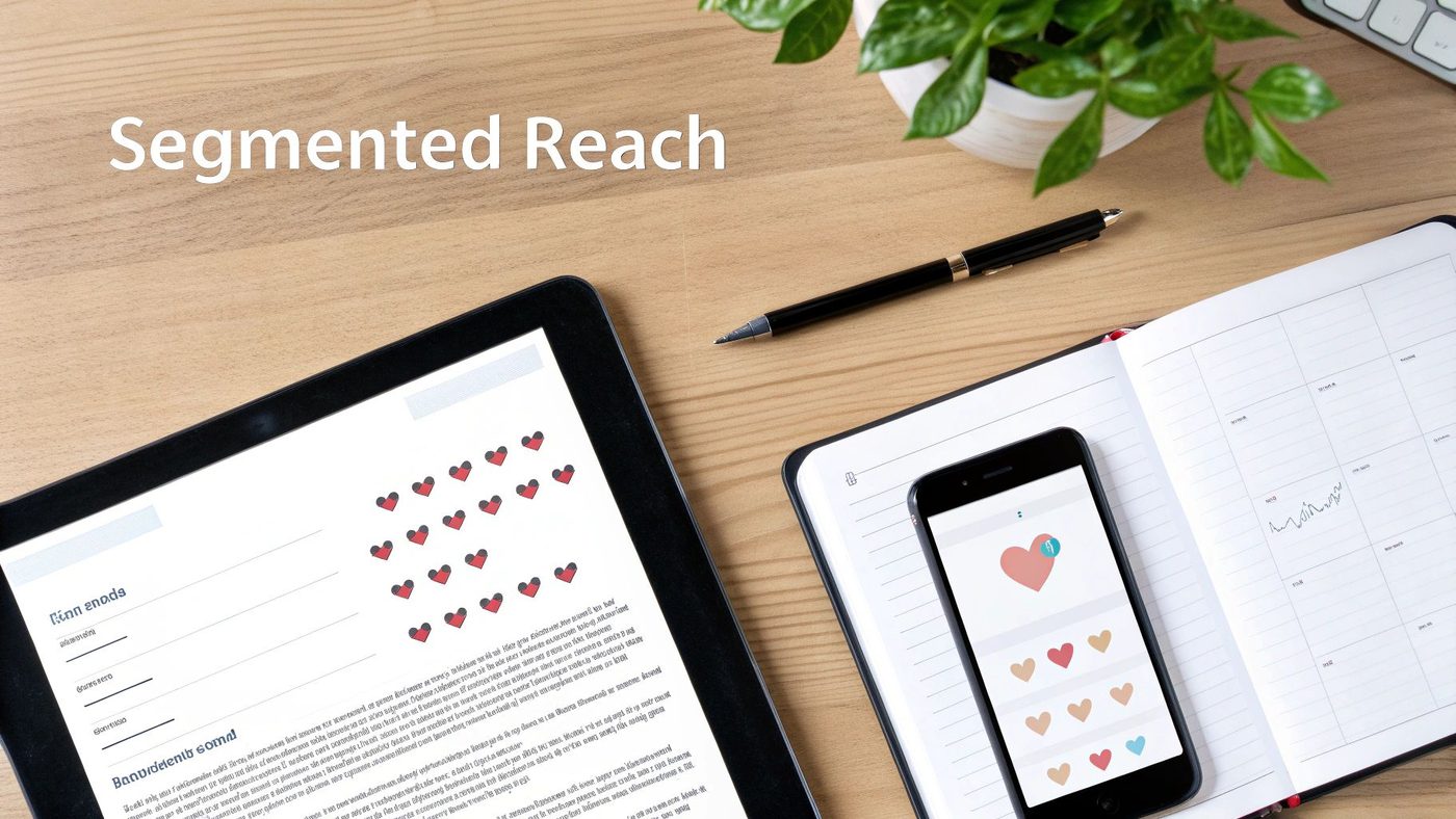 Desktop flat lay with tablet and smartphone displaying hearts, symbolizing segmented digital reach and marketing.