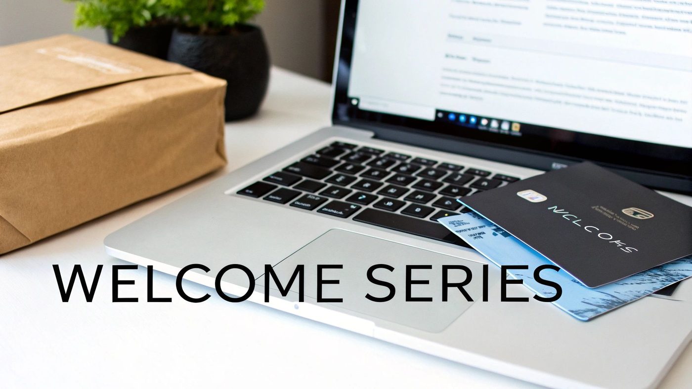 A laptop, package, and credit cards on a desk, with text 'WELCOME SERIES'.