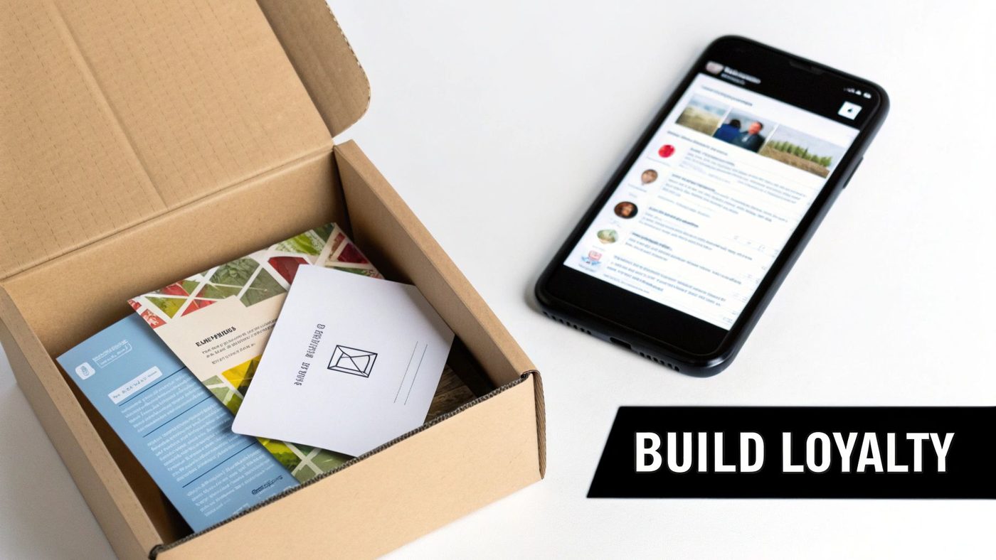 An open delivery box with promotional cards next to a smartphone showing social media, highlighting loyalty.