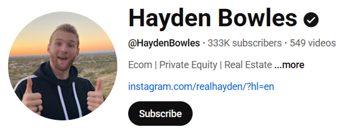 Screenshot of Hayden Bowles’ YouTube channel.